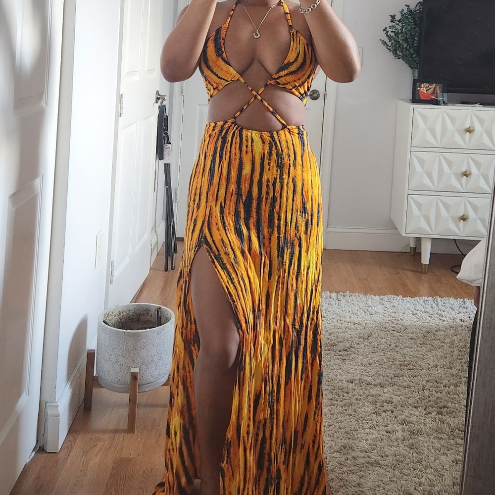 Small Lilly's Kloset orange and black cut out maxi dress